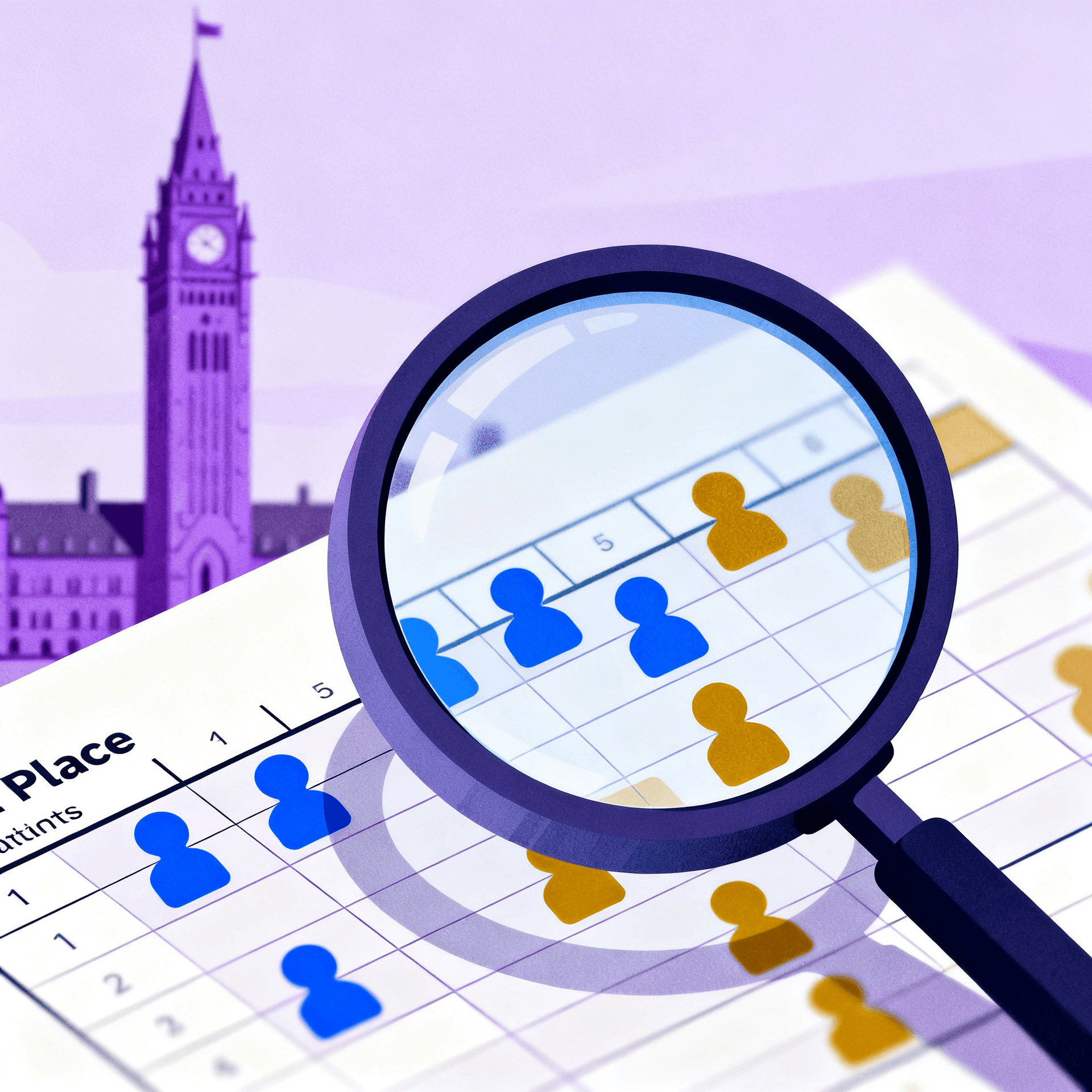 Magnifying glass revealing MP voting record with aligned and conflicting votes